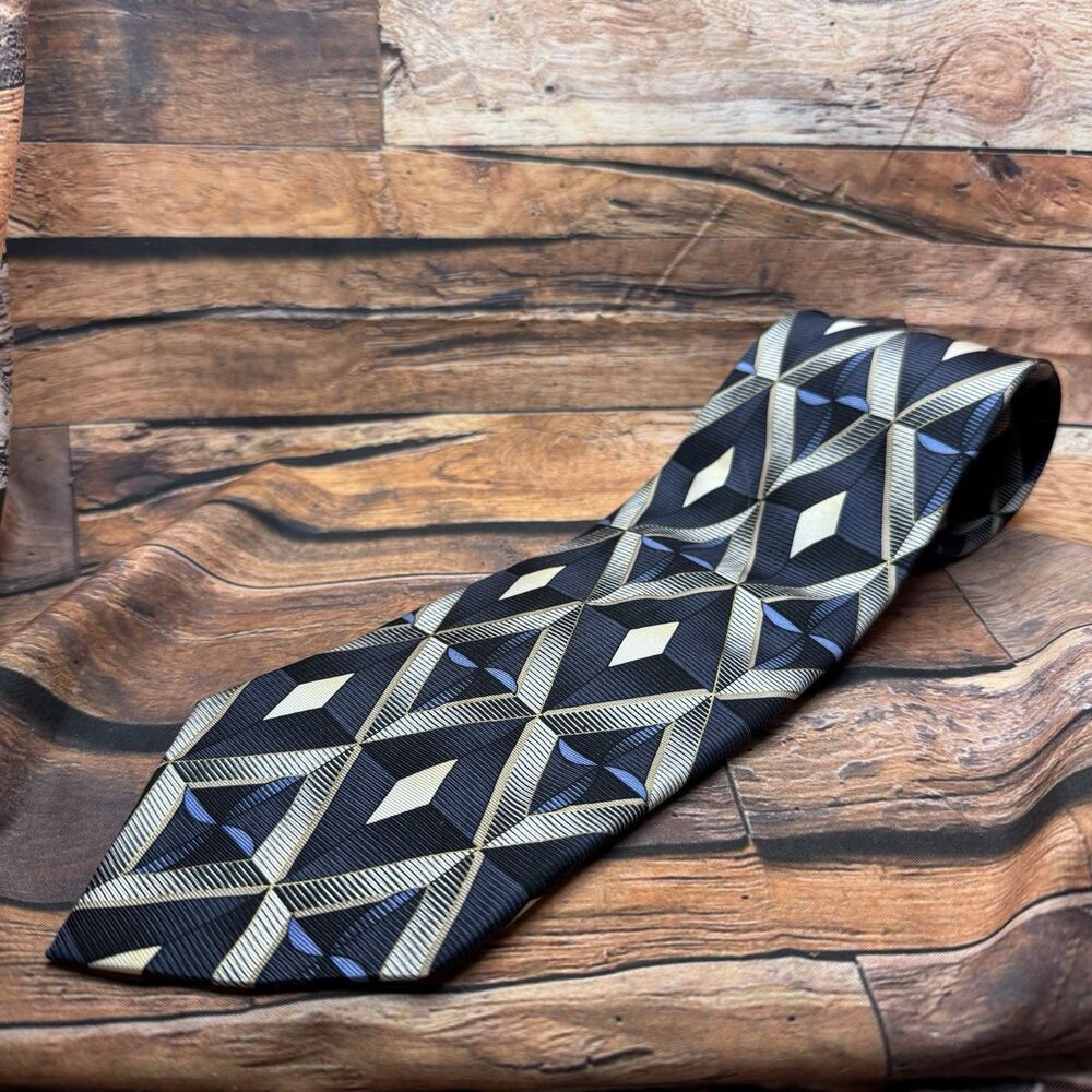Studio 1735 Tie Men Geometric Diamond Pattern Blue Gray Cream Black Silk Necktie